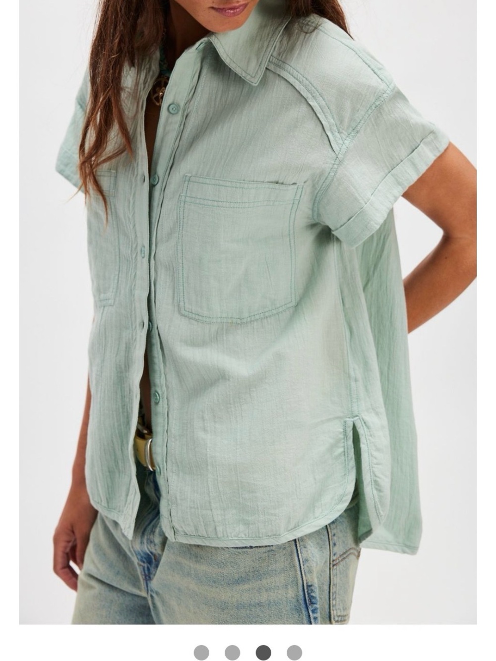 Free People Relaxed Short-Sleeve Button-Down Shirt in Mint - Picture 11 of 11